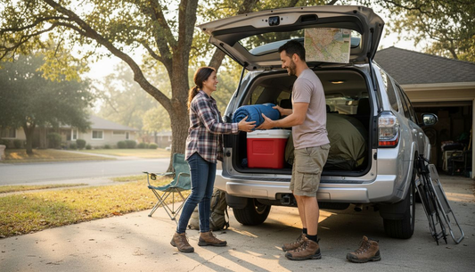 Couple efficiently packing car for camping trip