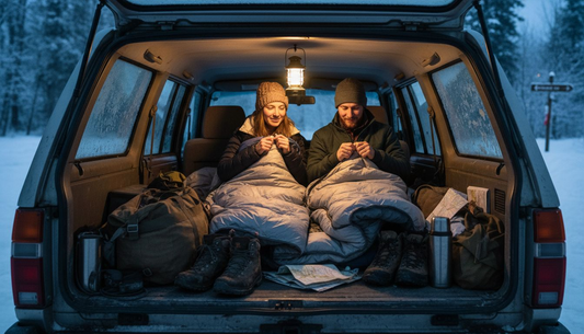 Couple inside car winter camping at night