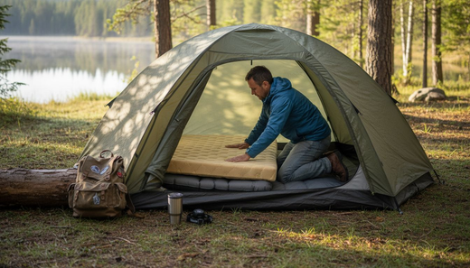 Man setting up Tempurpedic bed in tent