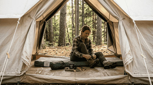 Camper on memory foam mattress in forest clearing
