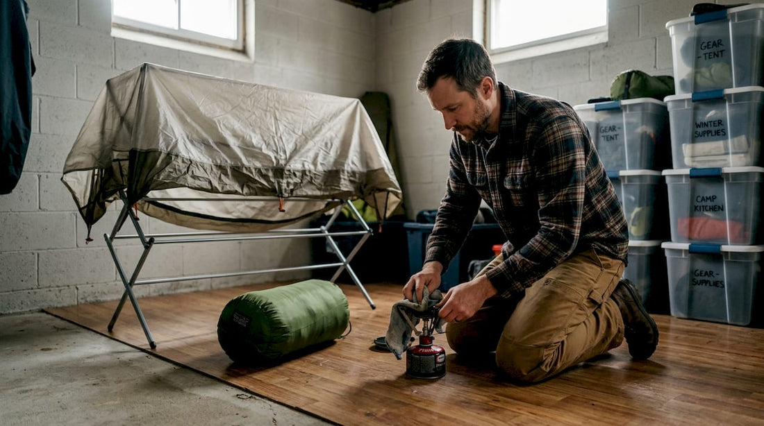 Man cleaning camping stove in home basement