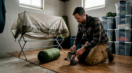 Man cleaning camping stove in home basement