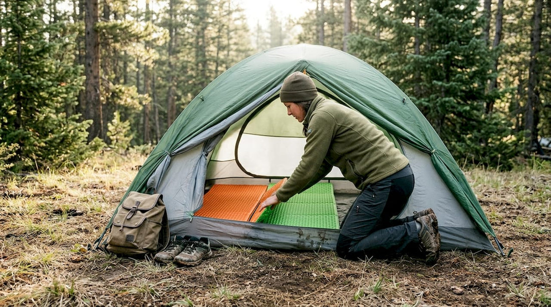 Camper assembling modular pad at tent entrance