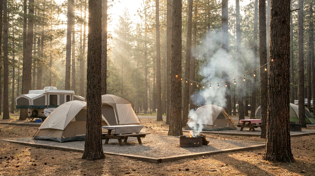Peaceful campground at golden hour with tents, a contained campfire, and string lights among pine trees