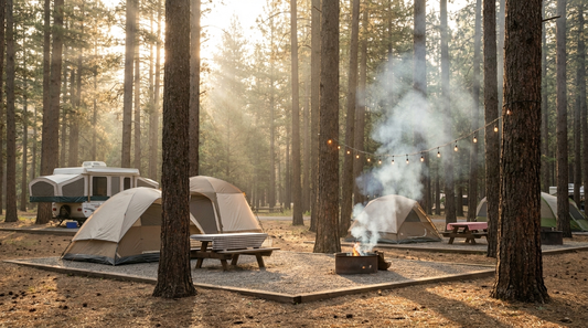 Peaceful campground at golden hour with tents, a contained campfire, and string lights among pine trees