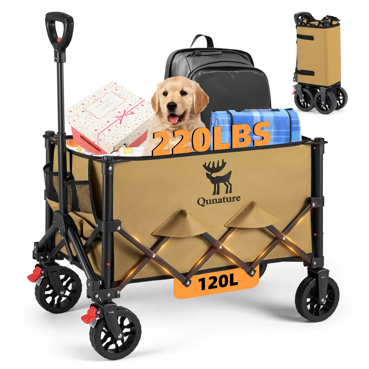 220lb Foldable Utility Wagon | 120L Capacity, 360° Swivel Wheels & Dual Brakes - Hazli Collection