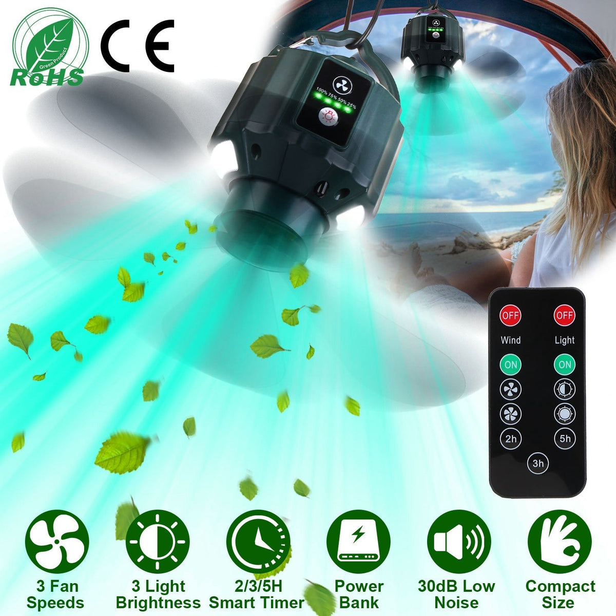 Portable Camping Ceiling Fan with LED Lantern, 10400mAh Power Bank, Timer & Remote