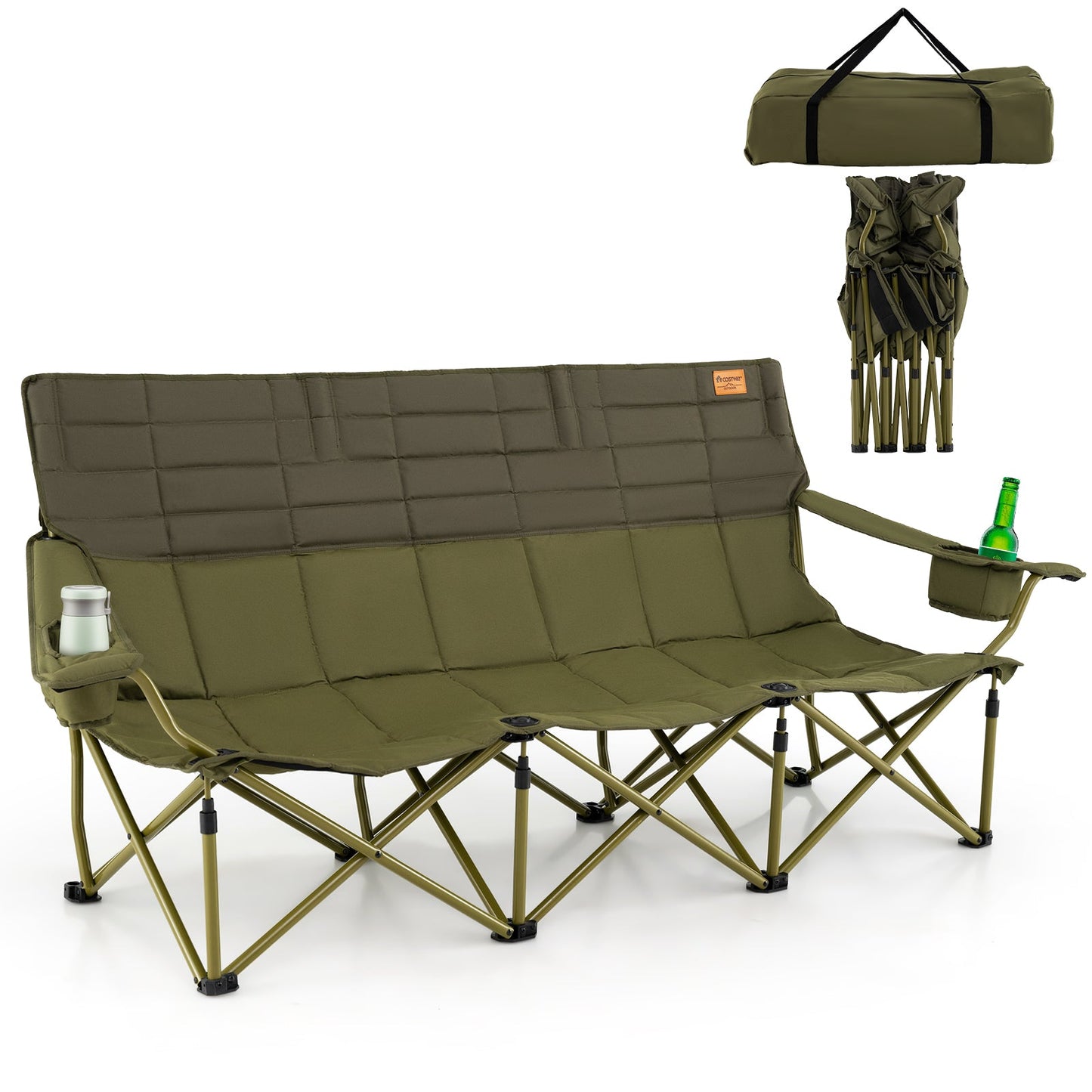3-Person Folding Camping Chair | 900lb Capacity, Cotton Padded | Cup Holders & Storage Bag - Hazli Collection