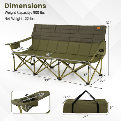 3-Person Folding Camping Chair | 900lb Capacity, Cotton Padded | Cup Holders & Storage Bag - Hazli Collection