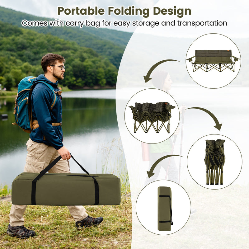 3-Person Folding Camping Chair | 900lb Capacity, Cotton Padded | Cup Holders & Storage Bag - Hazli Collection
