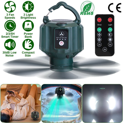 Portable Camping Ceiling Fan with LED Lantern, 10400mAh Power Bank, Timer & Remote