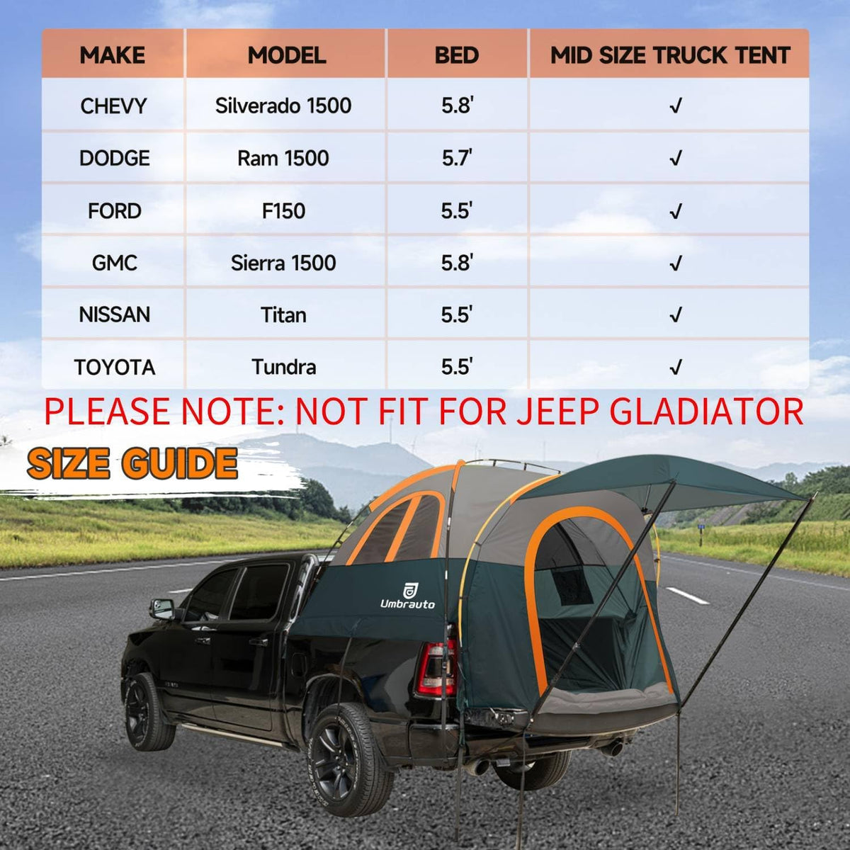 Umbrauto Truck Bed Tent with Awning for 5.5-5.8 ft Beds, PU3000 Waterproof