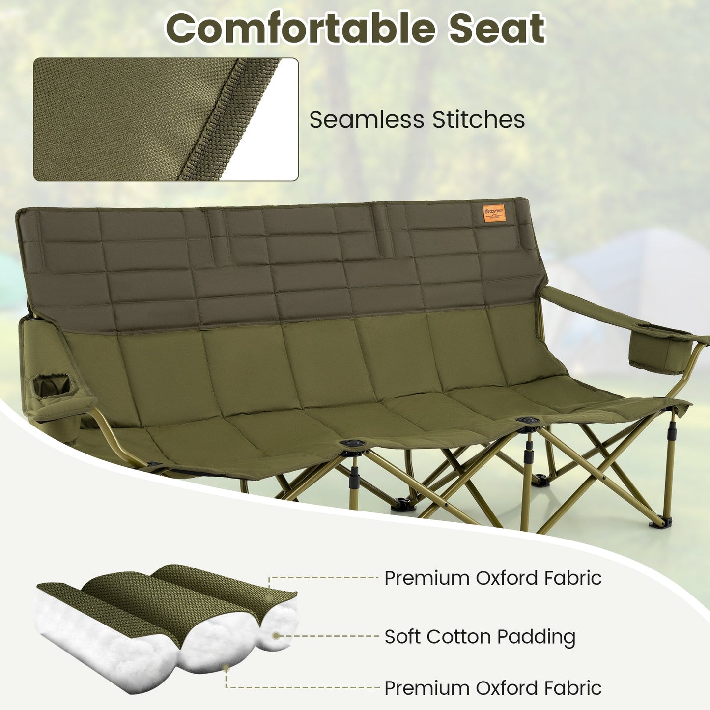 3 Person Folding Camping Chair with 2 Cup Holders Cotton Padding & Storage Bag-Green - Hazli Collection 