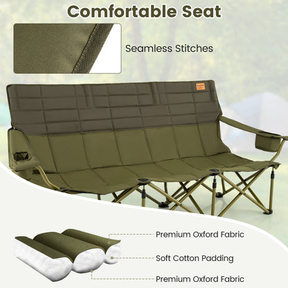 3 Person Folding Camping Chair with 2 Cup Holders Cotton Padding & Storage Bag-Green - Hazli Collection 