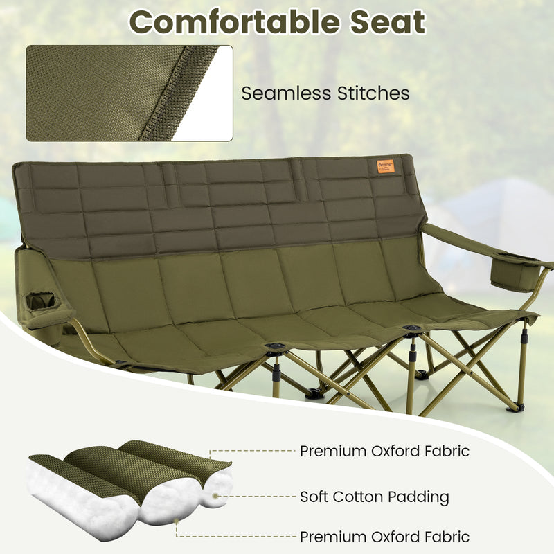 3 Person Folding Camping Chair with 2 Cup Holders Cotton Padding & Storage Bag-Green - Hazli Collection 