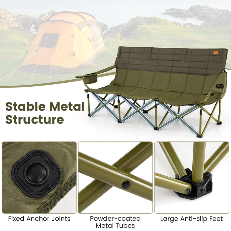 3 Person Folding Camping Chair with 2 Cup Holders Cotton Padding & Storage Bag-Green - Hazli Collection 