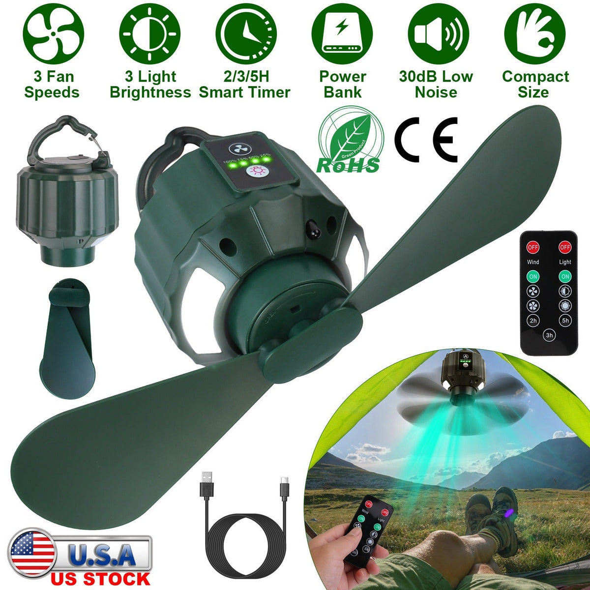 Portable Camping Ceiling Fan with LED Lantern, 10400mAh Power Bank, Timer & Remote