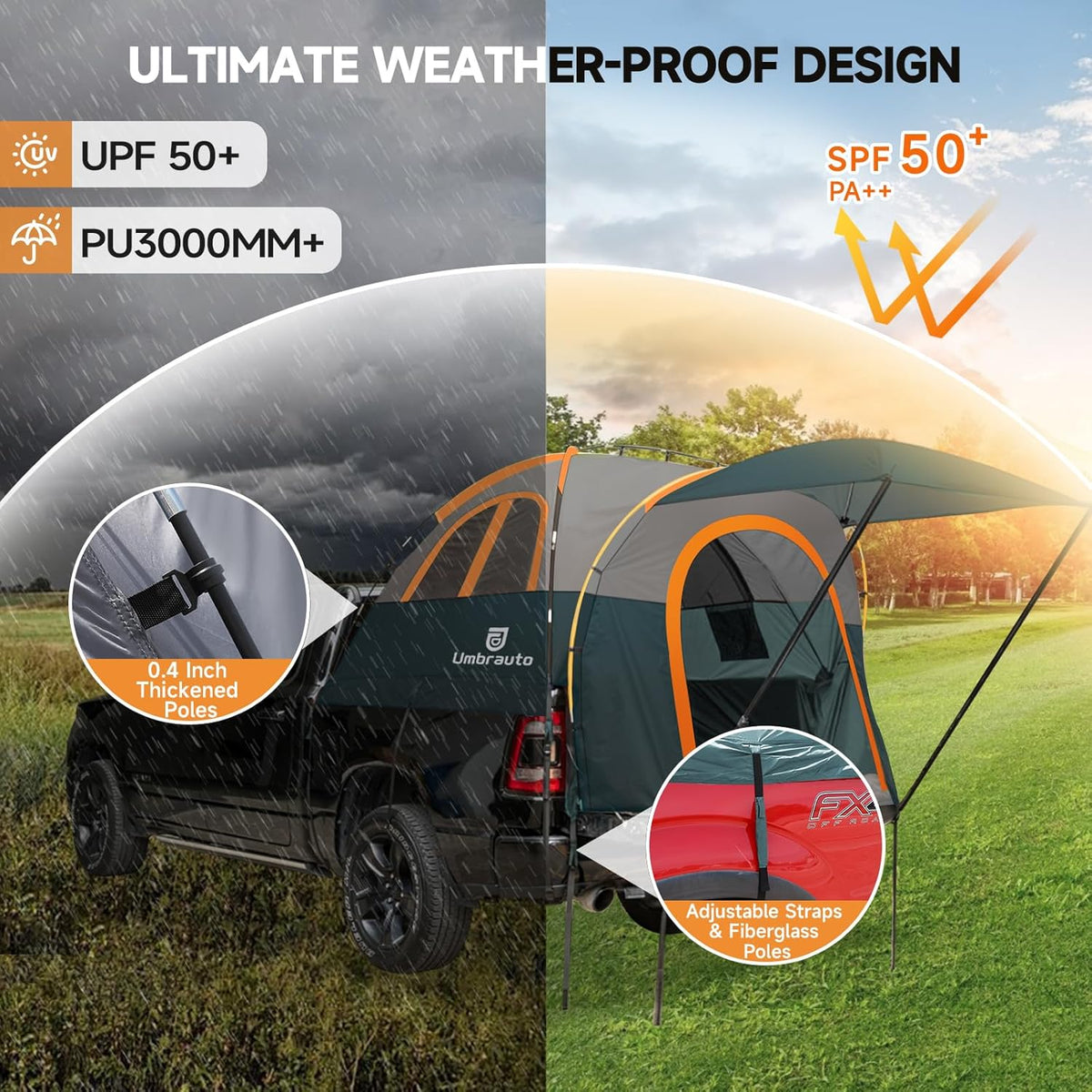 Umbrauto Truck Bed Tent with Awning for 5.5-5.8 ft Beds, PU3000 Waterproof
