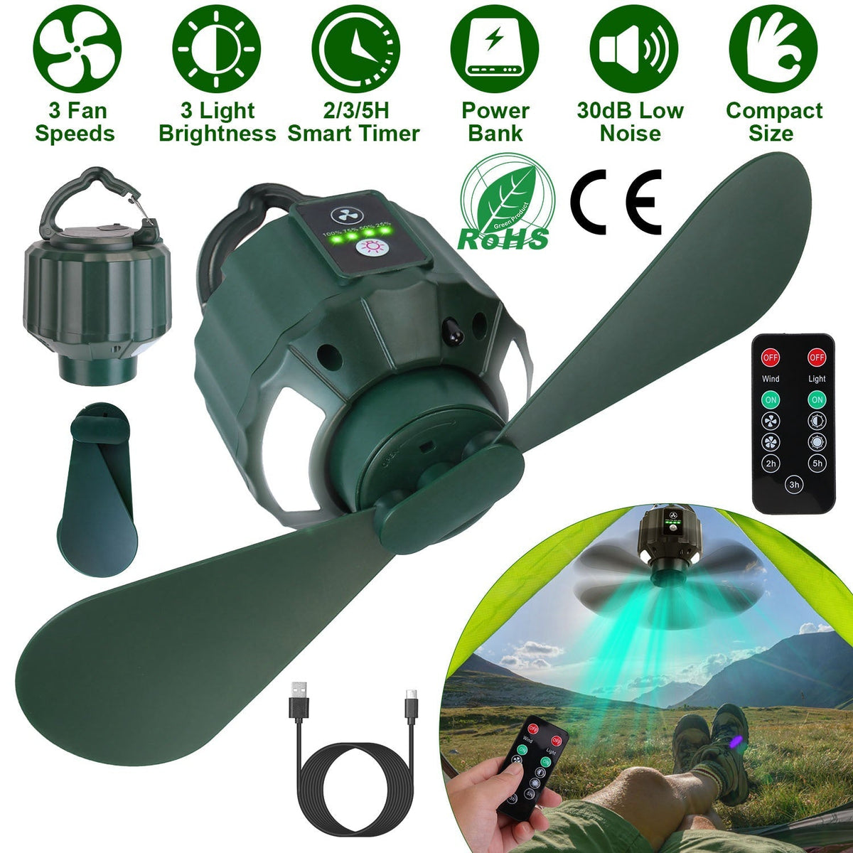 Portable Camping Ceiling Fan with LED Lantern, 10400mAh Power Bank, Timer & Remote