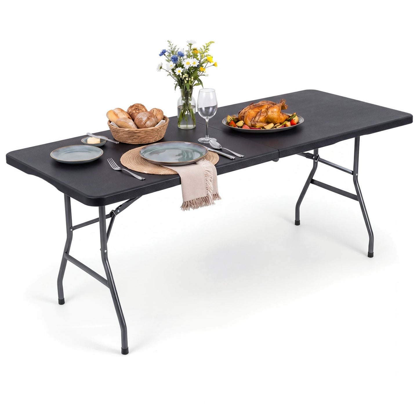 6 FT Fold-in-Half Camping Table with Rattan Texture