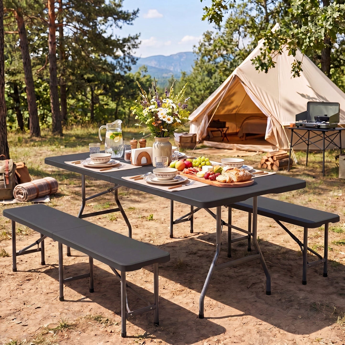 6 FT Fold-in-Half Camping Table with Rattan Texture