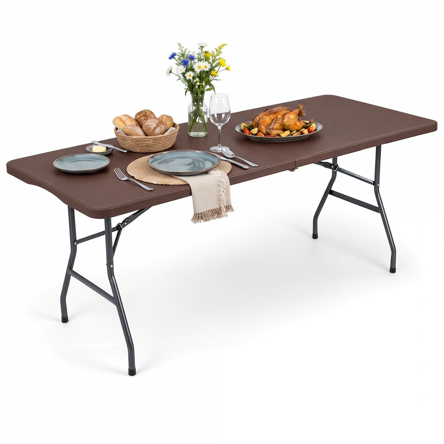 6 FT Fold-in-Half Camping Table with Rattan Texture