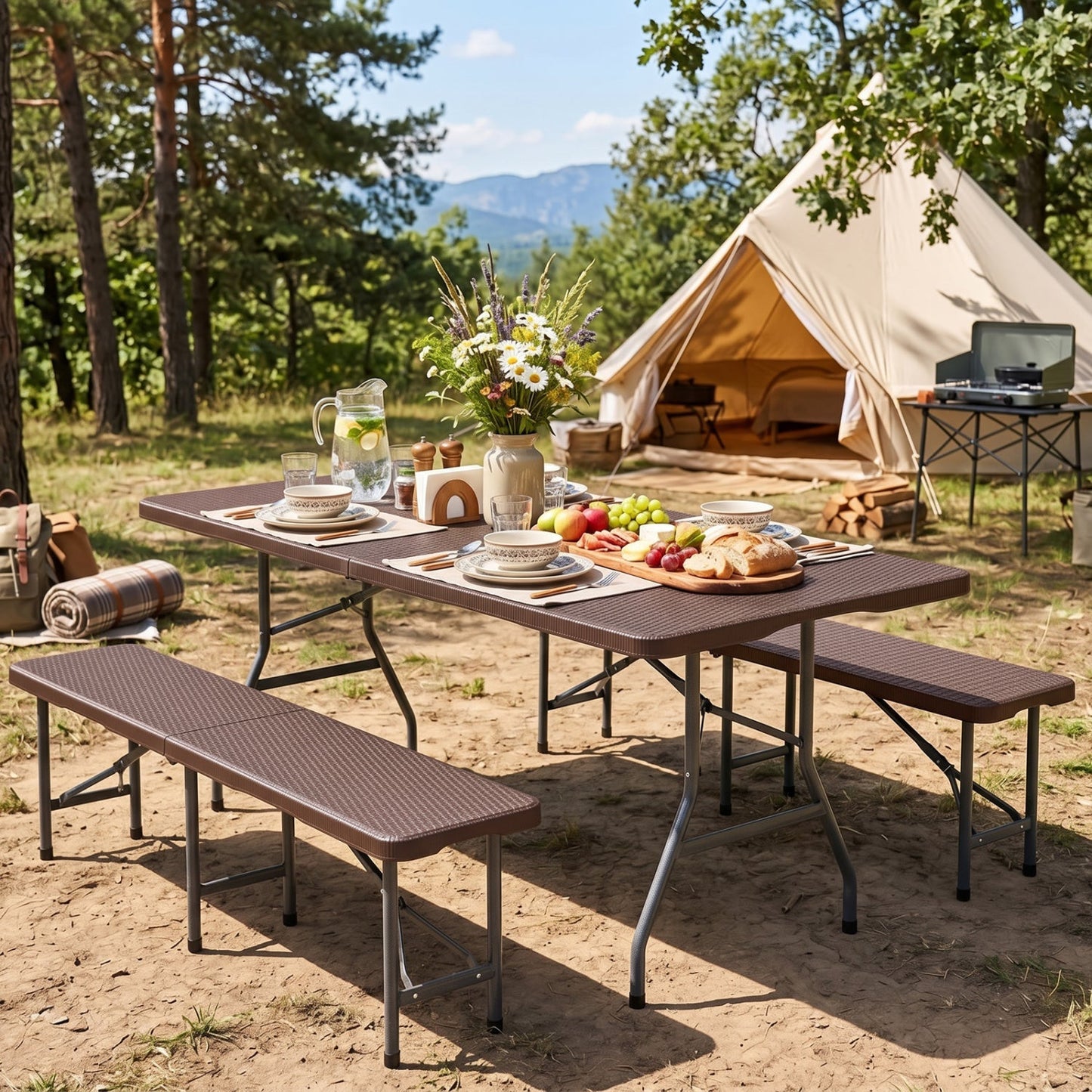6 FT Fold-in-Half Camping Table with Rattan Texture