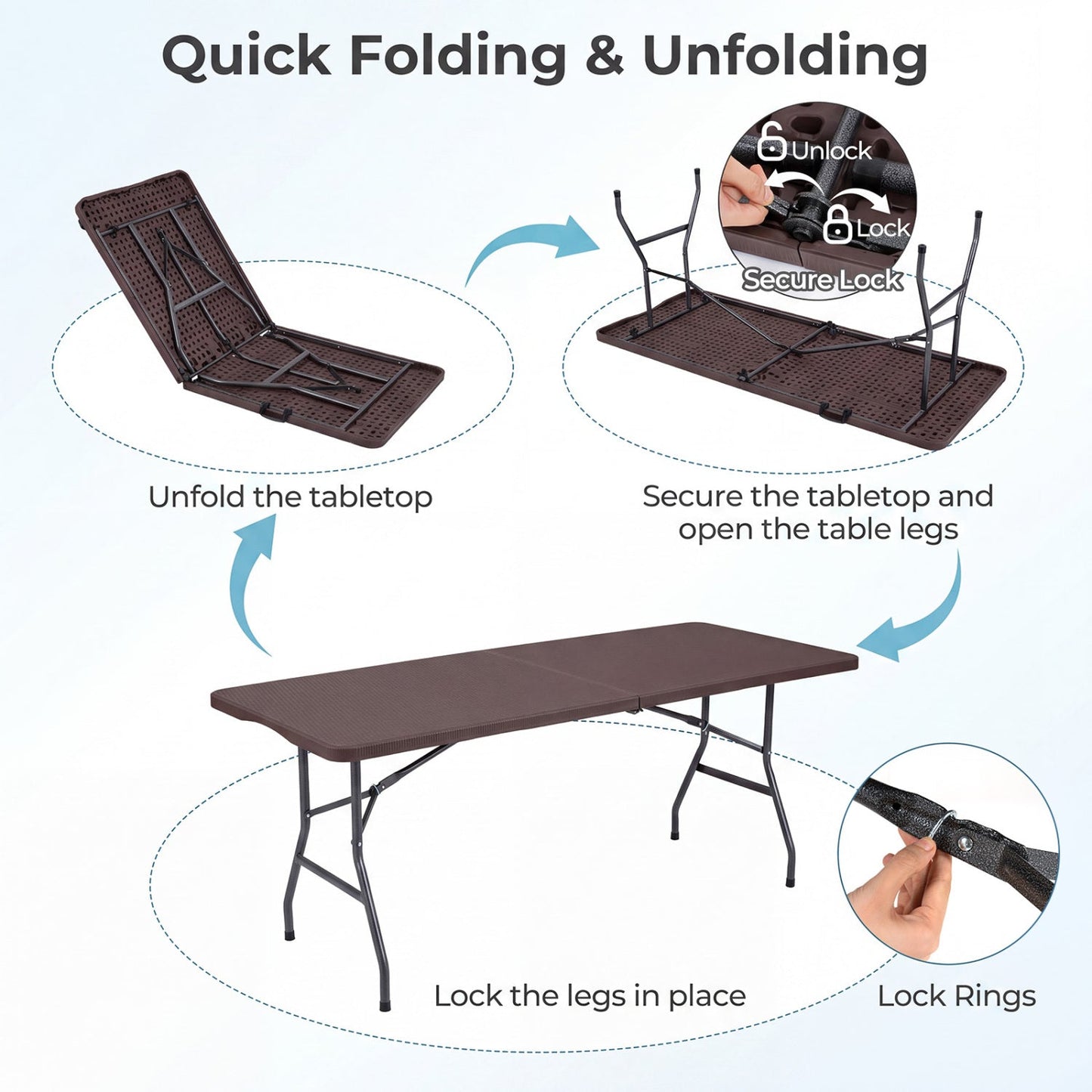 6 FT Fold-in-Half Camping Table with Rattan Texture