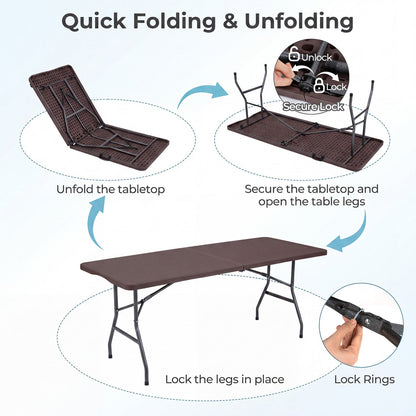 6 FT Fold-in-Half Camping Table with Rattan Texture