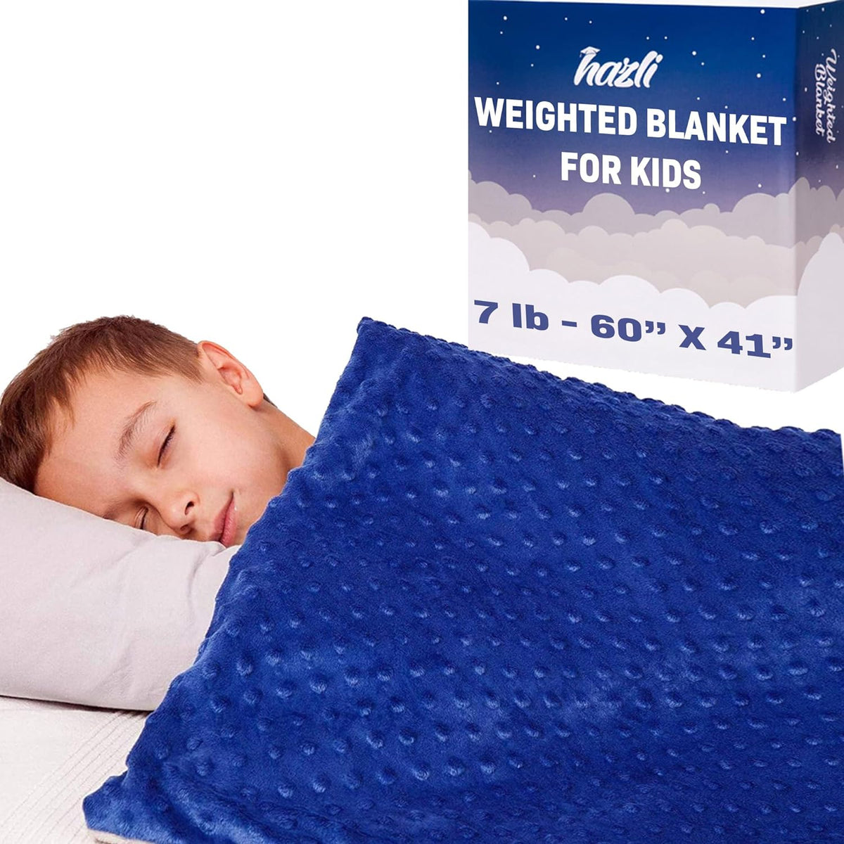 Boy sleeping under the Hazli 7 lb kids weighted blanket, 41 x 60 inches, blue minky cover, with gift box