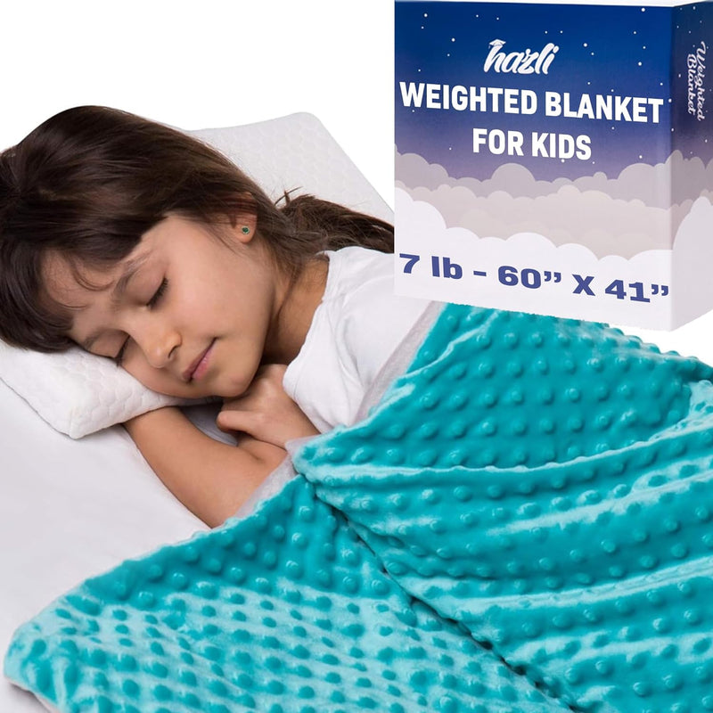Hazli 7 lb kids weighted blanket, 41 x 60 inches, turquoise minky cover, with gift box