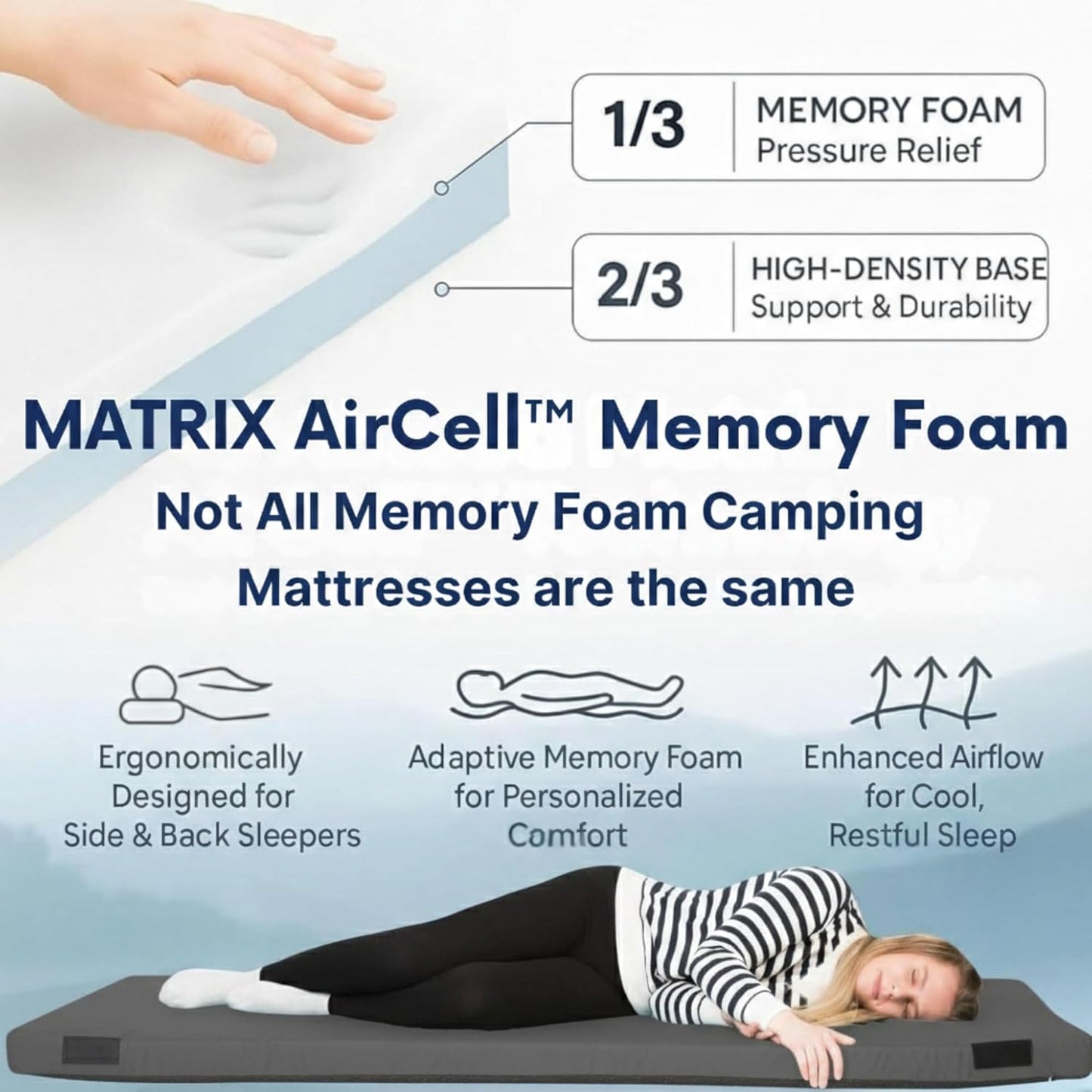 Matrix Air-Cell Memory Foam Camping Mattress - Portable Comfortable Roll Up Mattress - Hazli Collection 