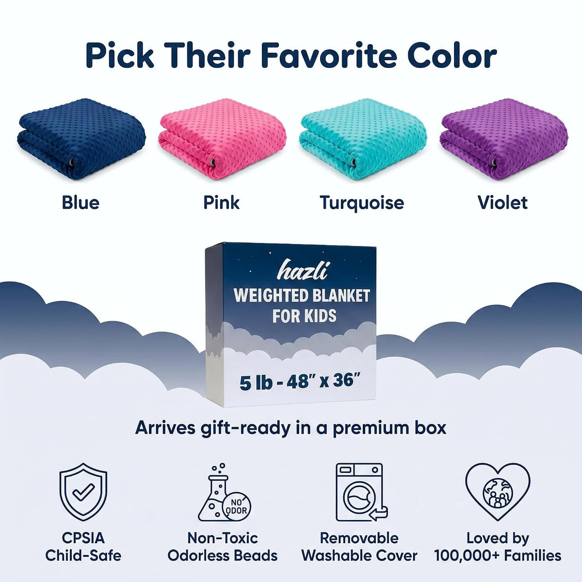 Hazli kids weighted blanket cover colours: blue, pink, turquoise, violet, with what is in the box