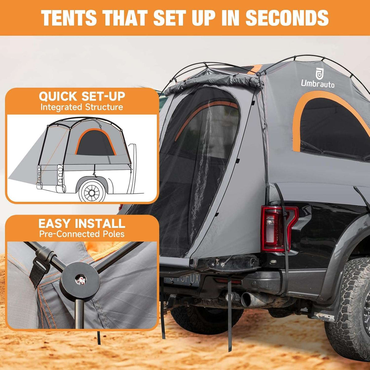 Umbrauto Truck Bed Tent for 6.4-6.7 ft Beds, Pre-Assembled Poles, PU3000 Waterproof