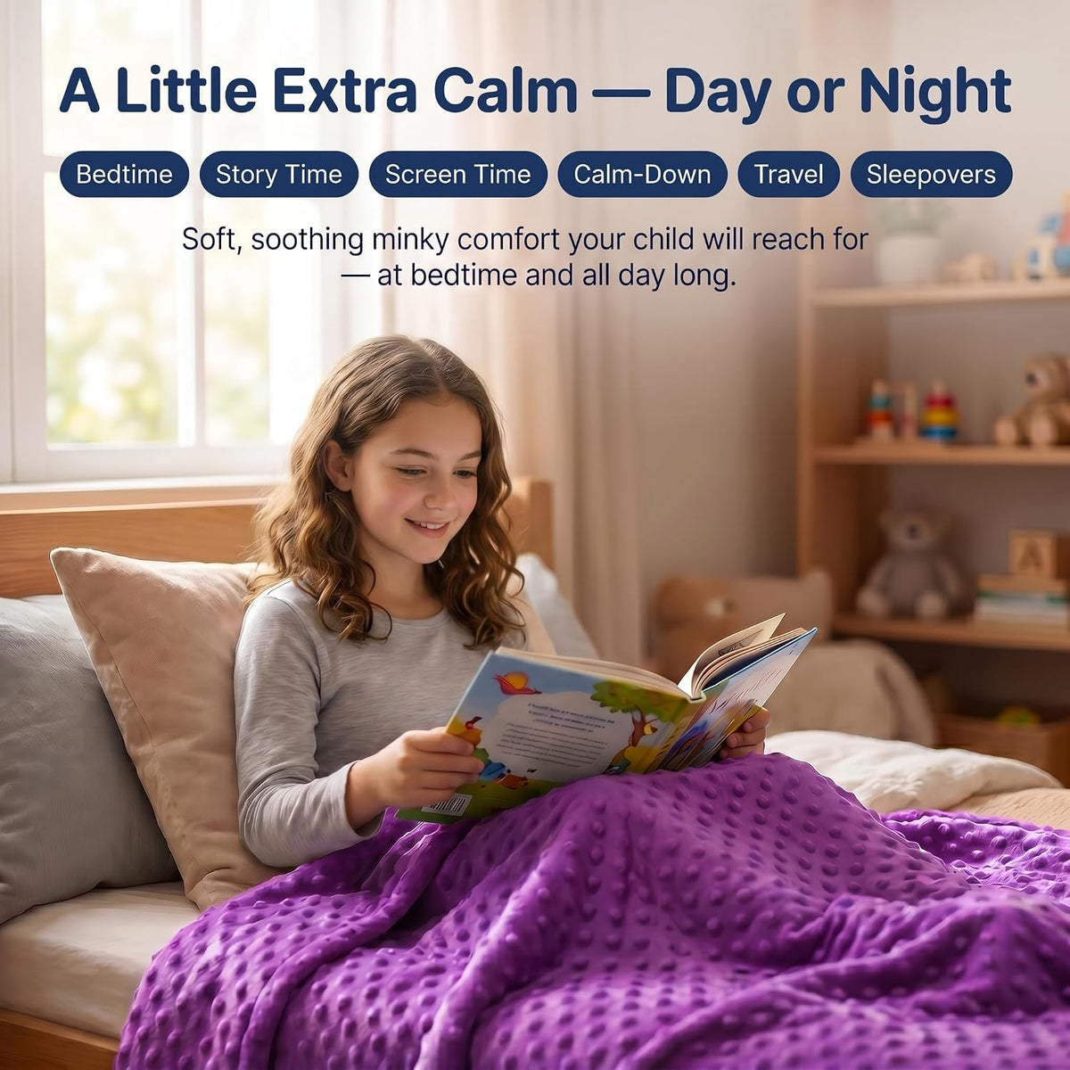 Girl and her dog relaxing under the violet Hazli kids weighted blanket