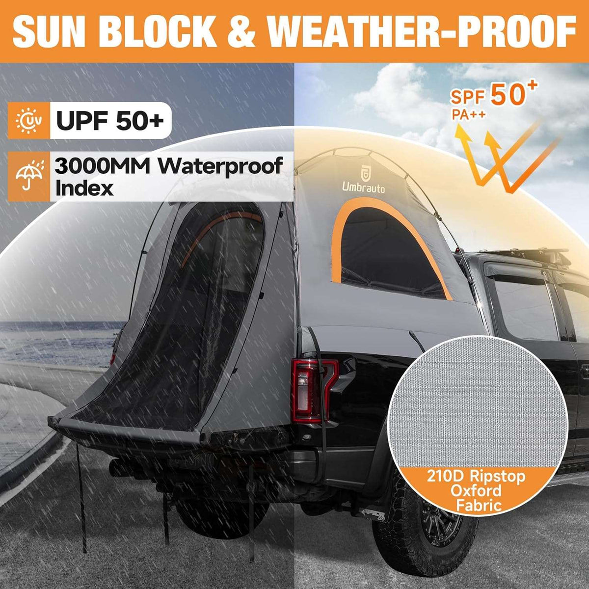 Umbrauto Truck Bed Tent for 6.4-6.7 ft Beds, Pre-Assembled Poles, PU3000 Waterproof