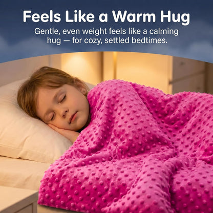 Girl asleep hugging the pink Hazli kids weighted blanket, Feels like a warm hug