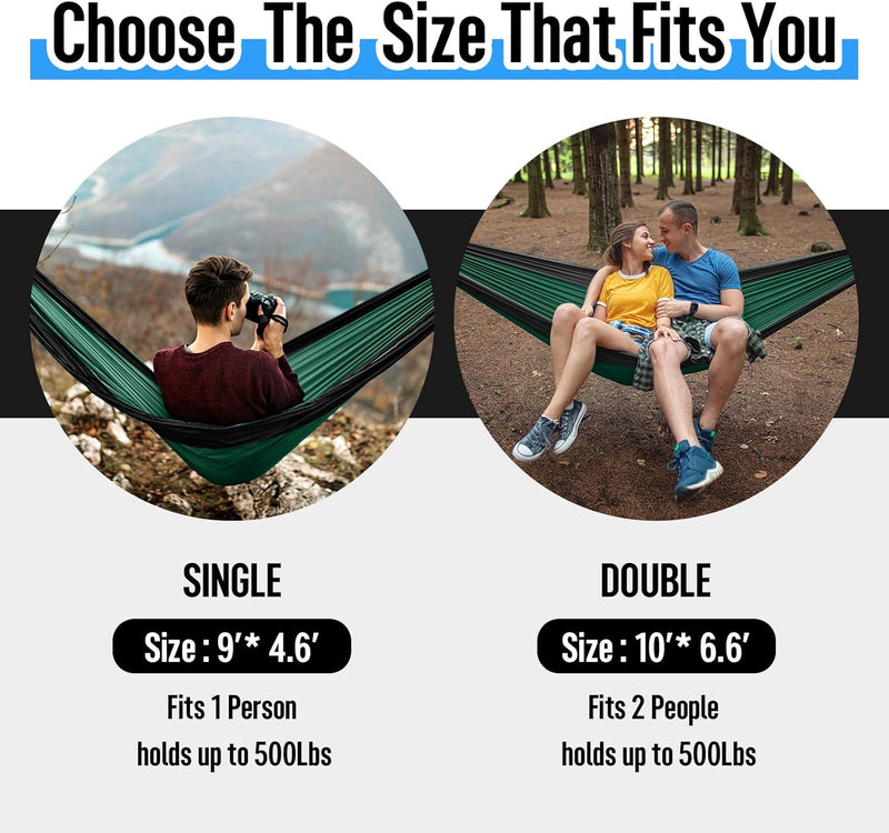 Camping Hammock Double & Single | 500lb Capacity, Tree Straps Included | 210T Parachute Nylon - Hazli Collection