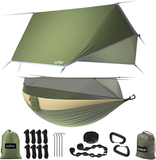 Camping Hammock with Mosquito Net & Rain Fly | 600lb Double, Waterproof 3000mm | Complete Kit - Hazli Collection