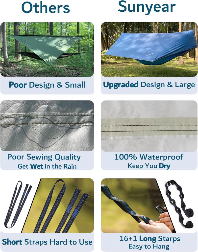 Camping Hammock with Mosquito Net & Rain Fly | 600lb Double, Waterproof 3000mm | Complete Kit - Hazli Collection