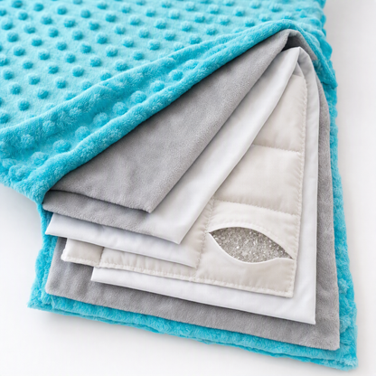 Cutaway of the Hazli weighted blanket showing the minky cover, microfiber layers and glass-bead pockets