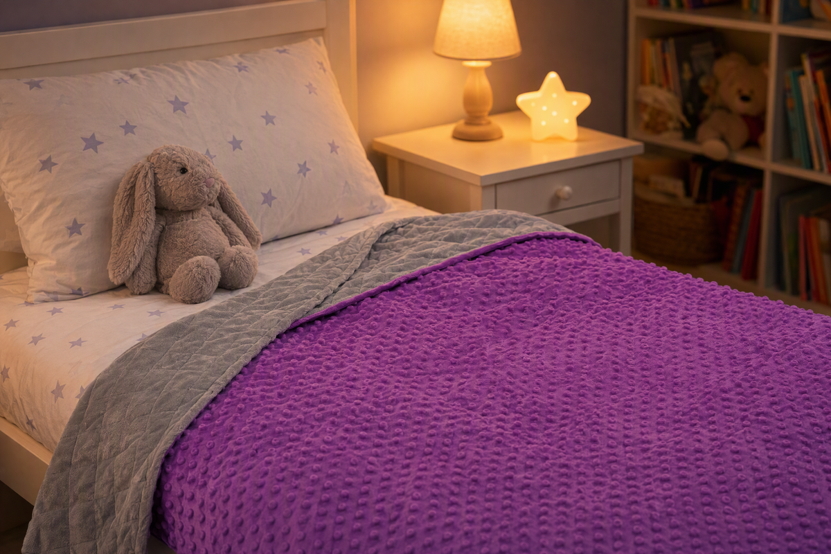 Child's bedroom at night with the violet Hazli weighted blanket on the bed, bedside lamp and star nightlight