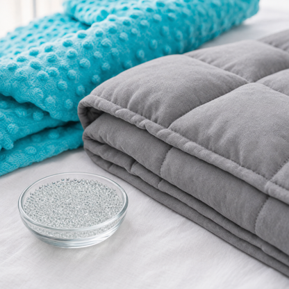 Glass micro beads in a small dish beside the grey quilted inner blanket and turquoise minky cover of the Hazli weighted blanket