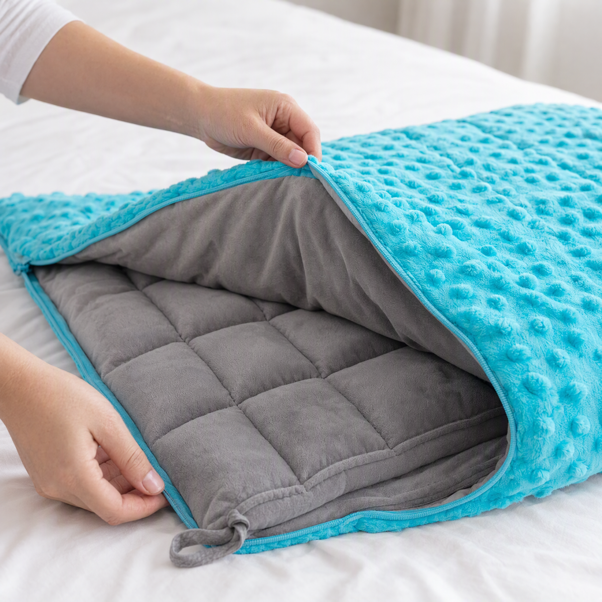 Unzipping the turquoise minky cover to show the single grey square-quilted inner weighted blanket and its corner tie