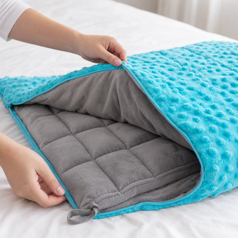Unzipping the turquoise minky cover to show the single grey square-quilted inner weighted blanket and its corner tie