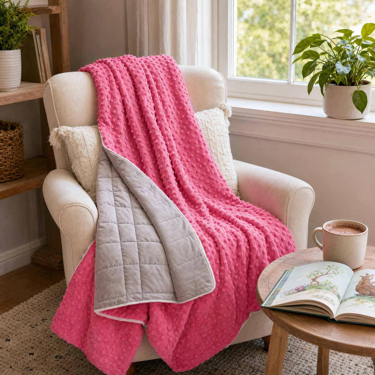 Pink Hazli weighted blanket on an armchair in a sunny reading nook, grey square-quilted underside folded back, picture book and cocoa