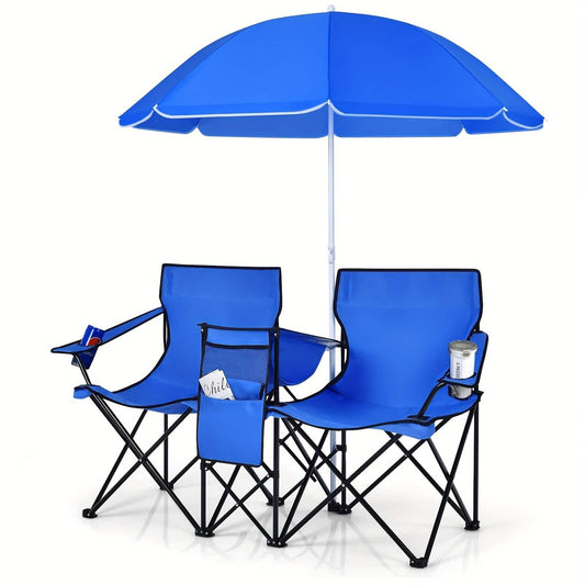 Folding Double Camping Chair with Umbrella | 2-Person Loveseat, Mini Table & Cup Holders - Hazli Collection