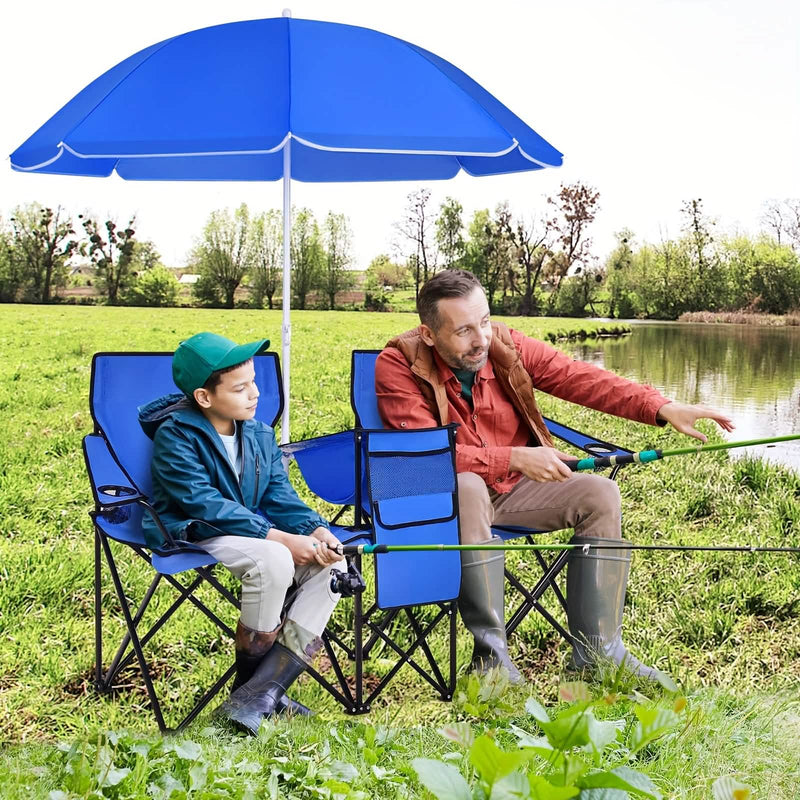 Folding Double Camping Chair with Umbrella | 2-Person Loveseat, Mini Table & Cup Holders - Hazli Collection
