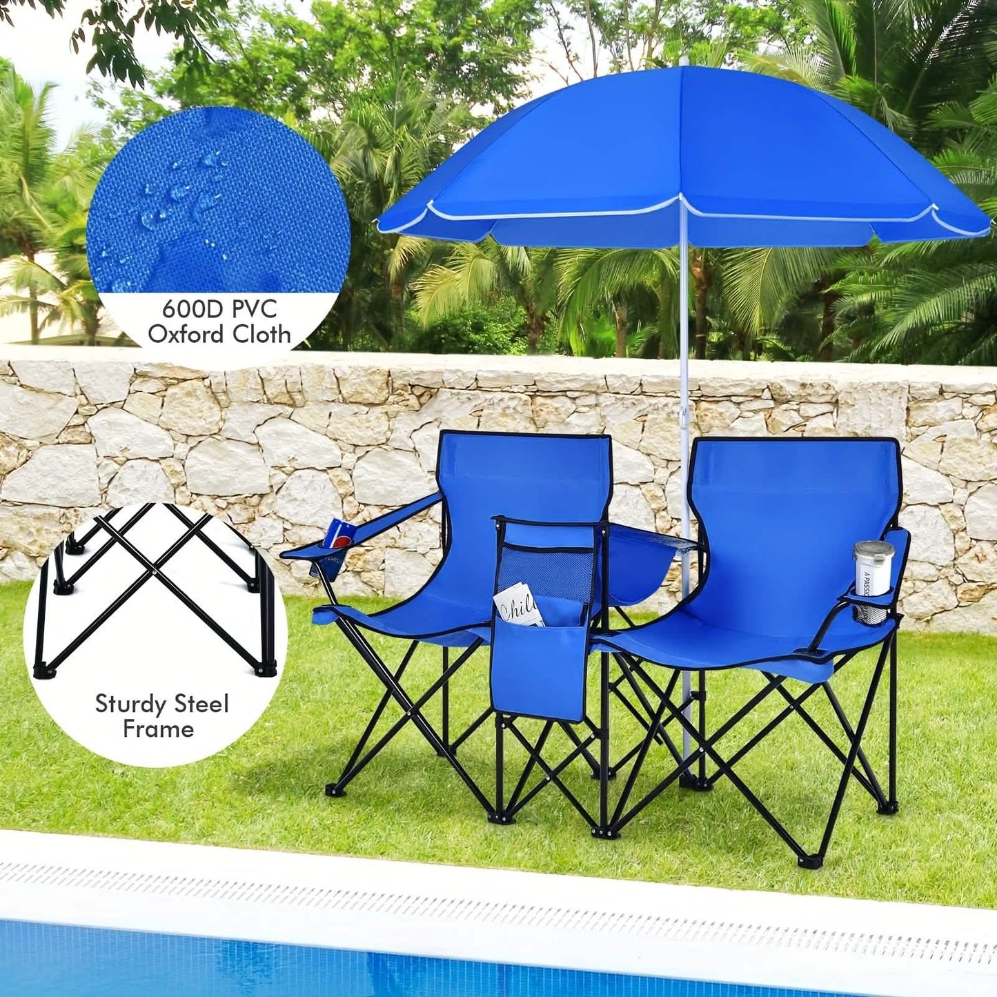 Folding Double Camping Chair with Umbrella | 2-Person Loveseat, Mini Table & Cup Holders - Hazli Collection