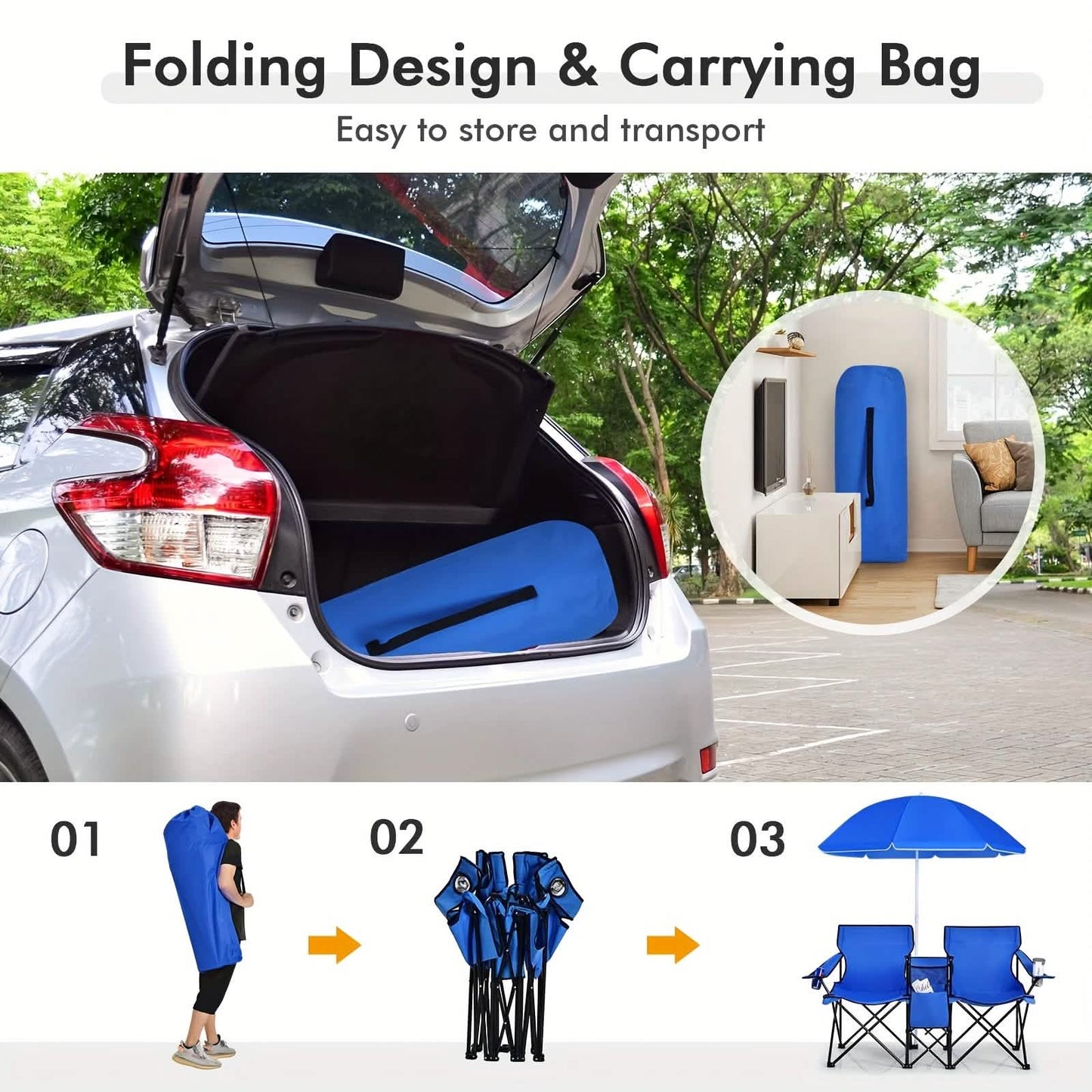 Folding Double Camping Chair with Umbrella | 2-Person Loveseat, Mini Table & Cup Holders - Hazli Collection